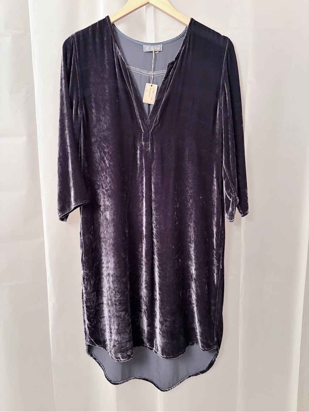 CP Shades Velvet Asphalt Grey Round Split Neck 3/4 sleeve shirtdress